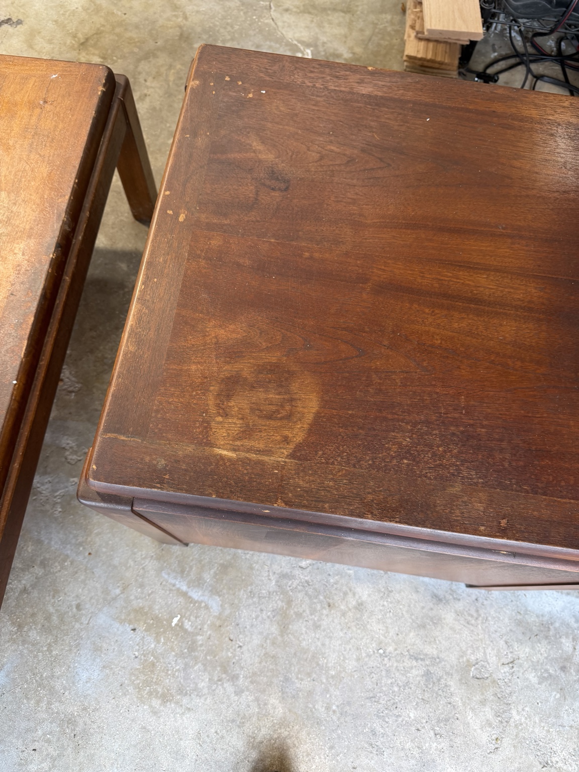Lane end table before restoration showing worn finish and edge damage